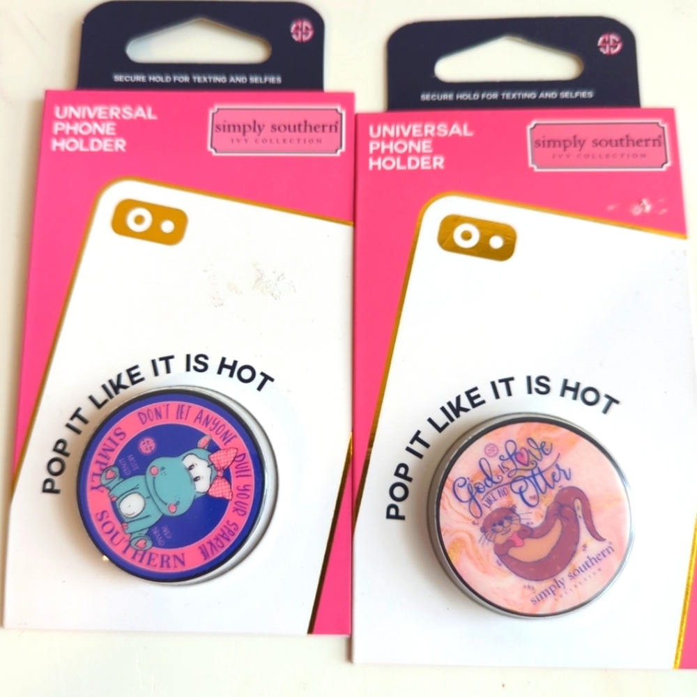 Set of 2 New Universal Phone Holders Pop Up Simply Southern Hippo & Otter quotes